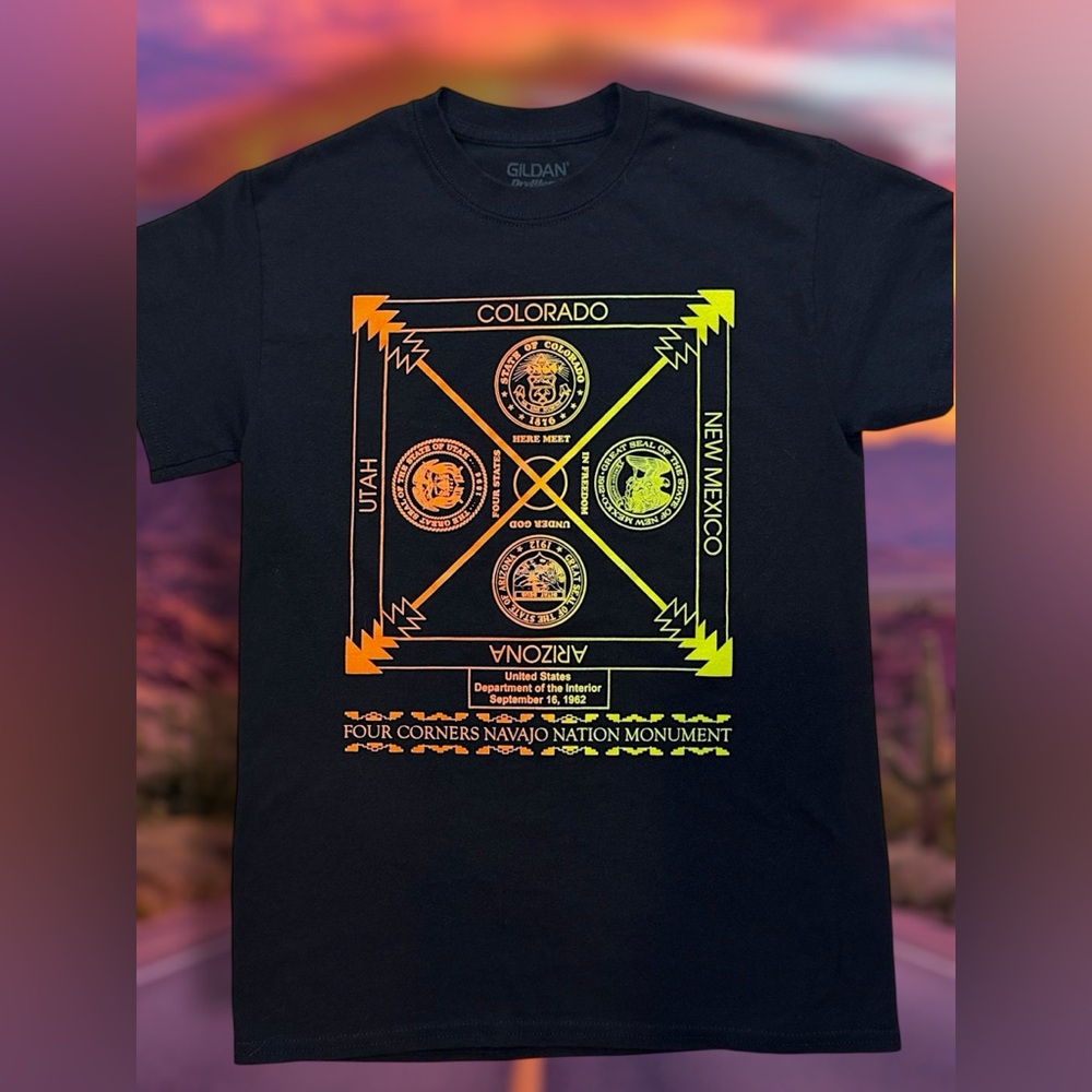 Gildan Black T-Shirt with Neon Orange-to-Yellow Four Corners Graphic